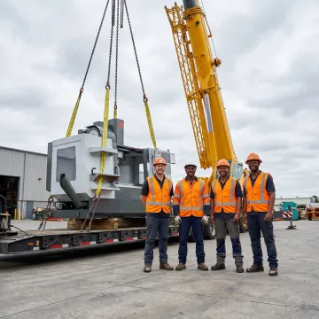 Crew coordinating heavy machinery loading for transport