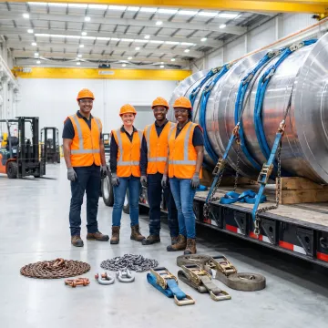 Crew preparing oversized machinery for heavy haul transport