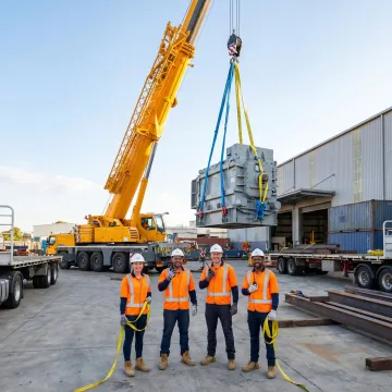 Industrial crane lifting heavy machinery at a jobsite