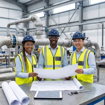 Industrial team reviewing piping plans on a plant floor