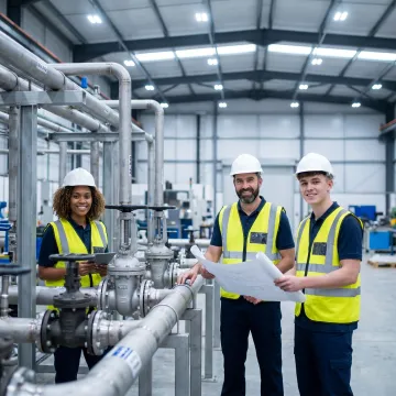 Mechanical piping contractors reviewing an industrial piping project