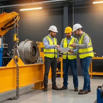 Industrial team coordinating a heavy machinery relocation