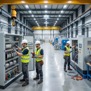 Industrial electrical team installing control equipment