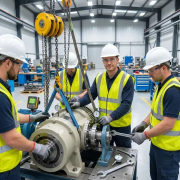 Industrial millwright team installing heavy machinery