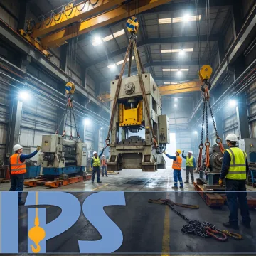 Industrial plant relocation crew moving heavy machinery