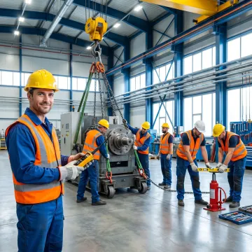 Industrial team relocating heavy equipment in a plant