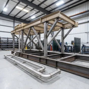 Fabricated steel platform and piping assembly in industrial shop