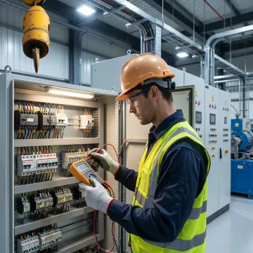 Technician performing maintenance on industrial control equipment