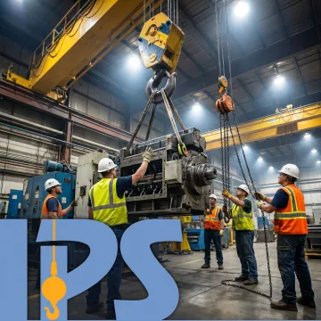 Industrial rigging crew lifting heavy machinery
