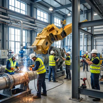 Industrial team installing mechanical systems in a plant