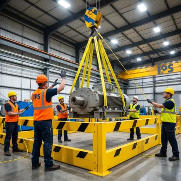 Rigging crew positioning industrial equipment with crane support