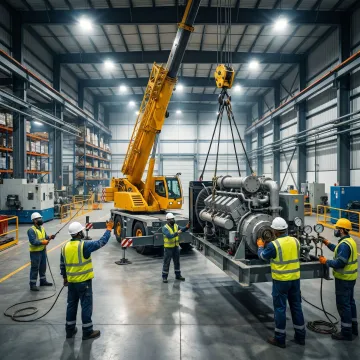 Rigging crew positioning industrial equipment with crane support