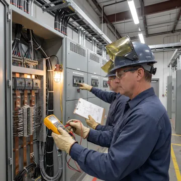 Industrial electricians servicing plant electrical equipment