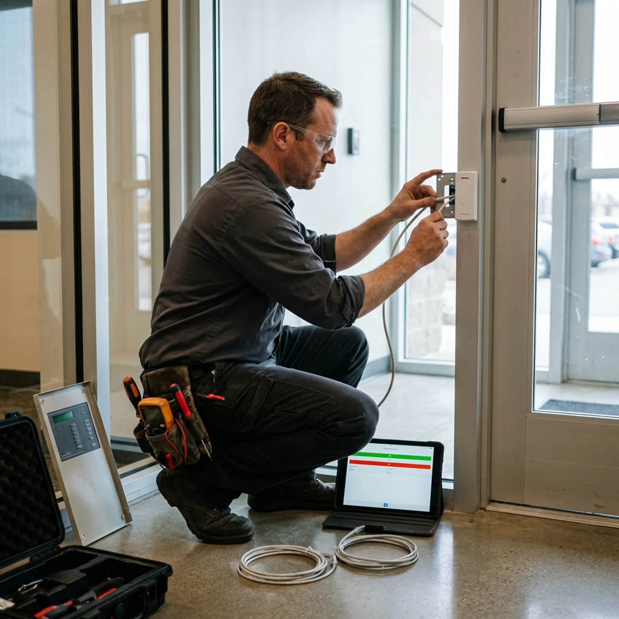 Technician installing an electronic access control door reader