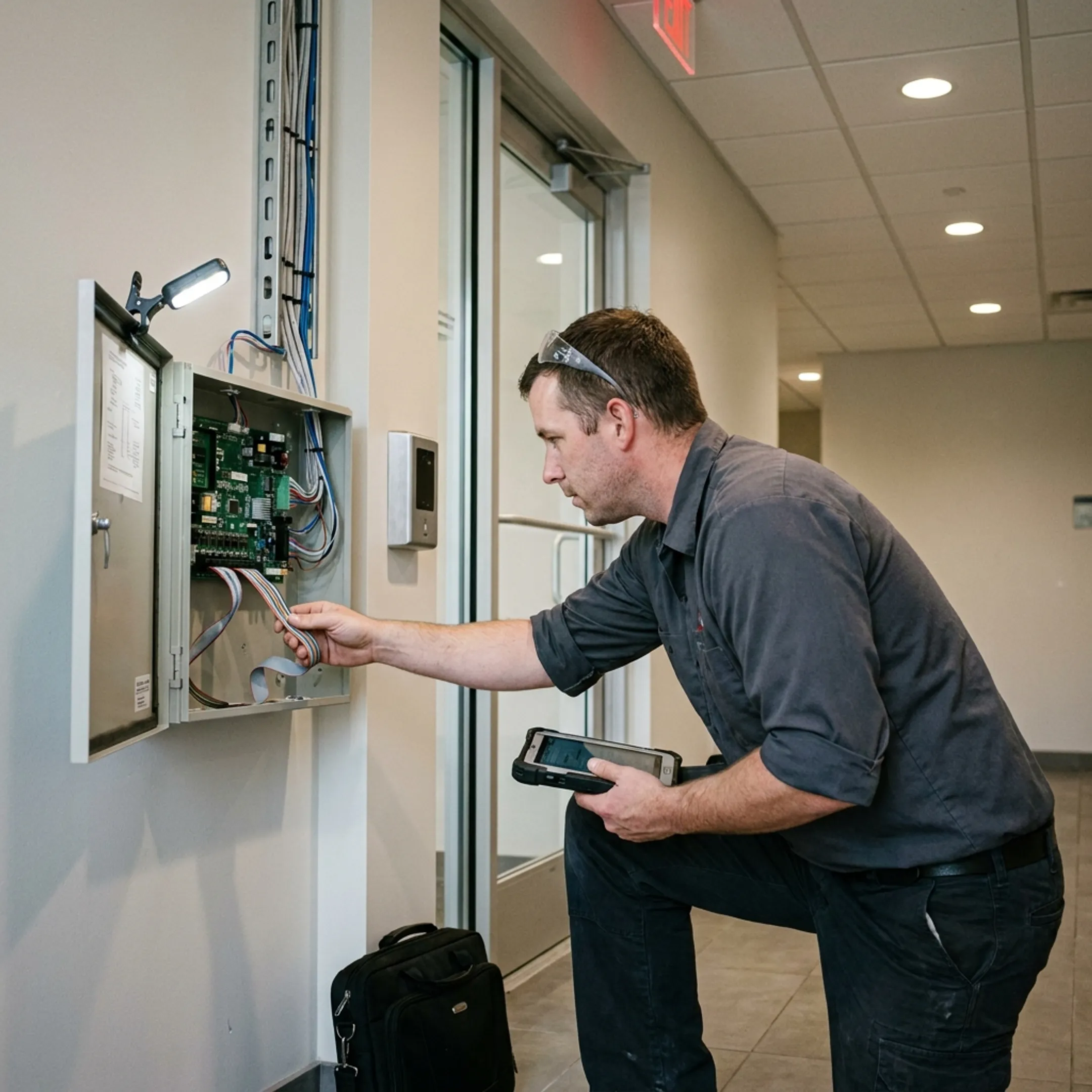 Access control technician configuring a secure entry system