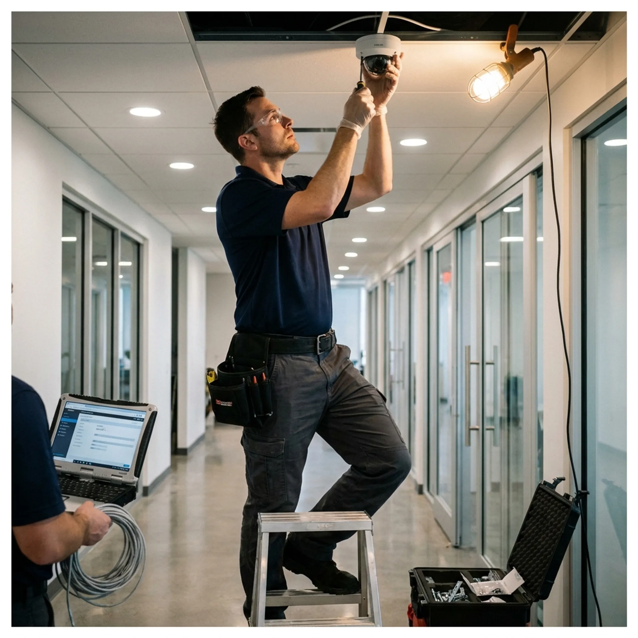 Technician installing commercial security cameras in a modern facility