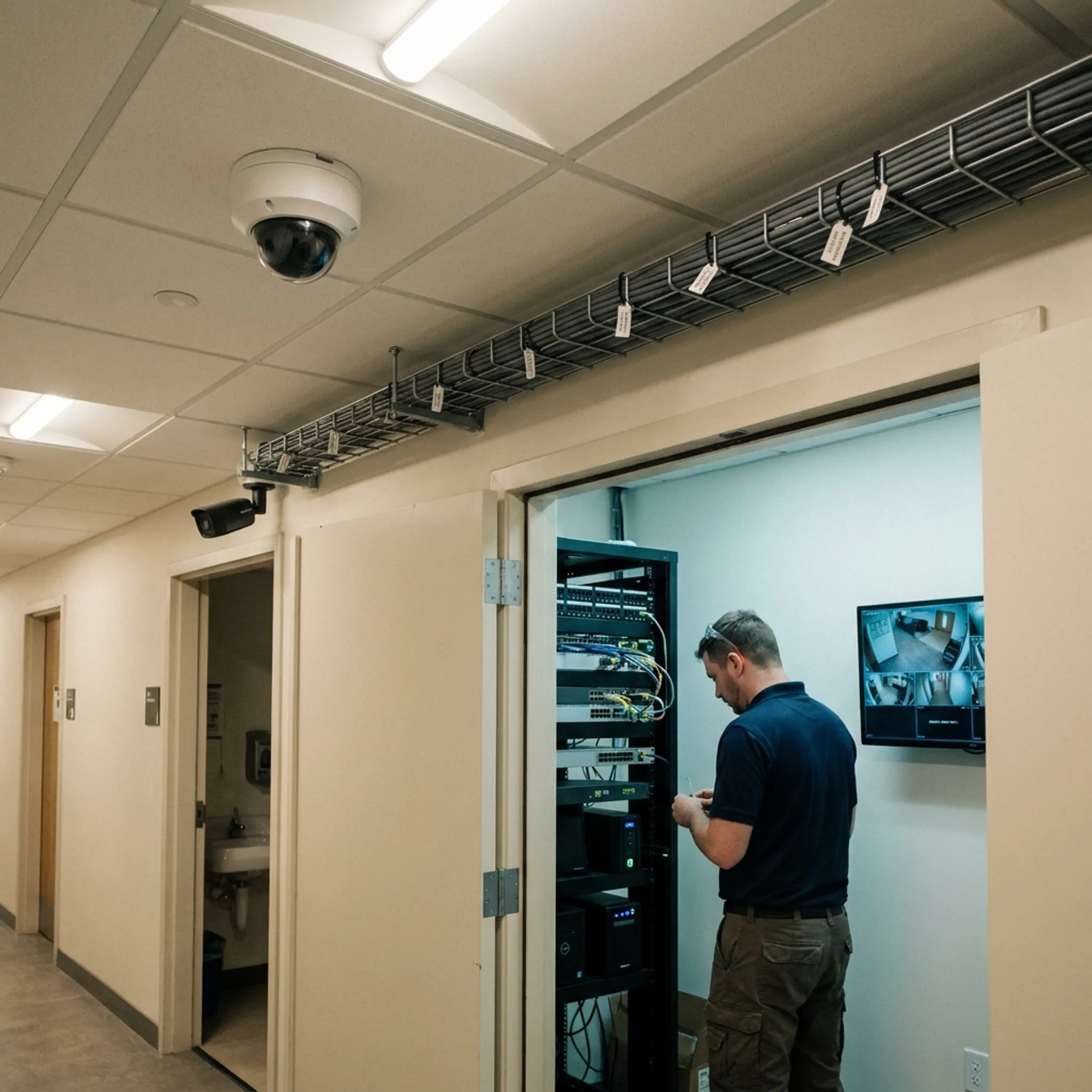 Commercial surveillance camera system monitoring a business facility