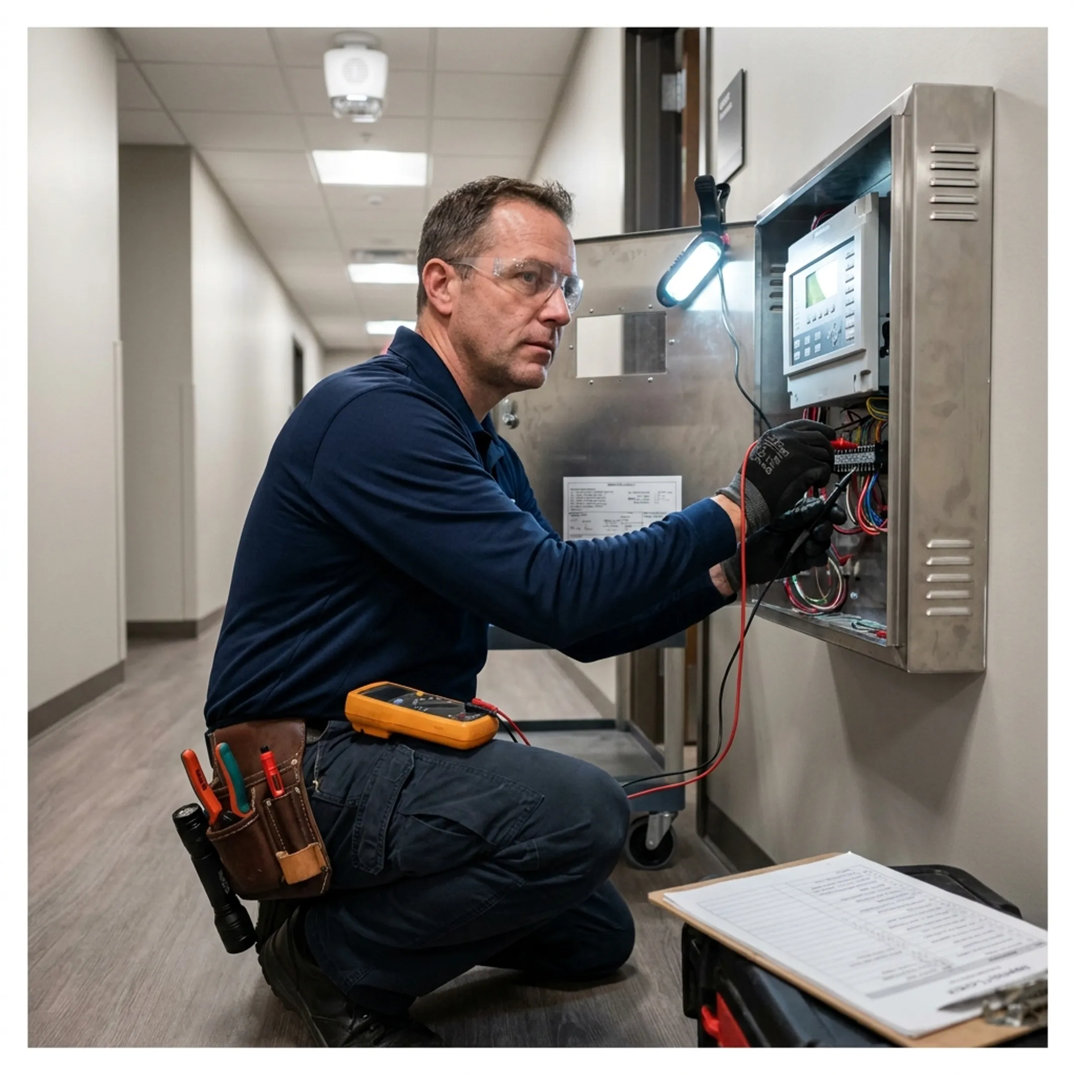 Technician installing an integrated fire alarm system in a commercial facility