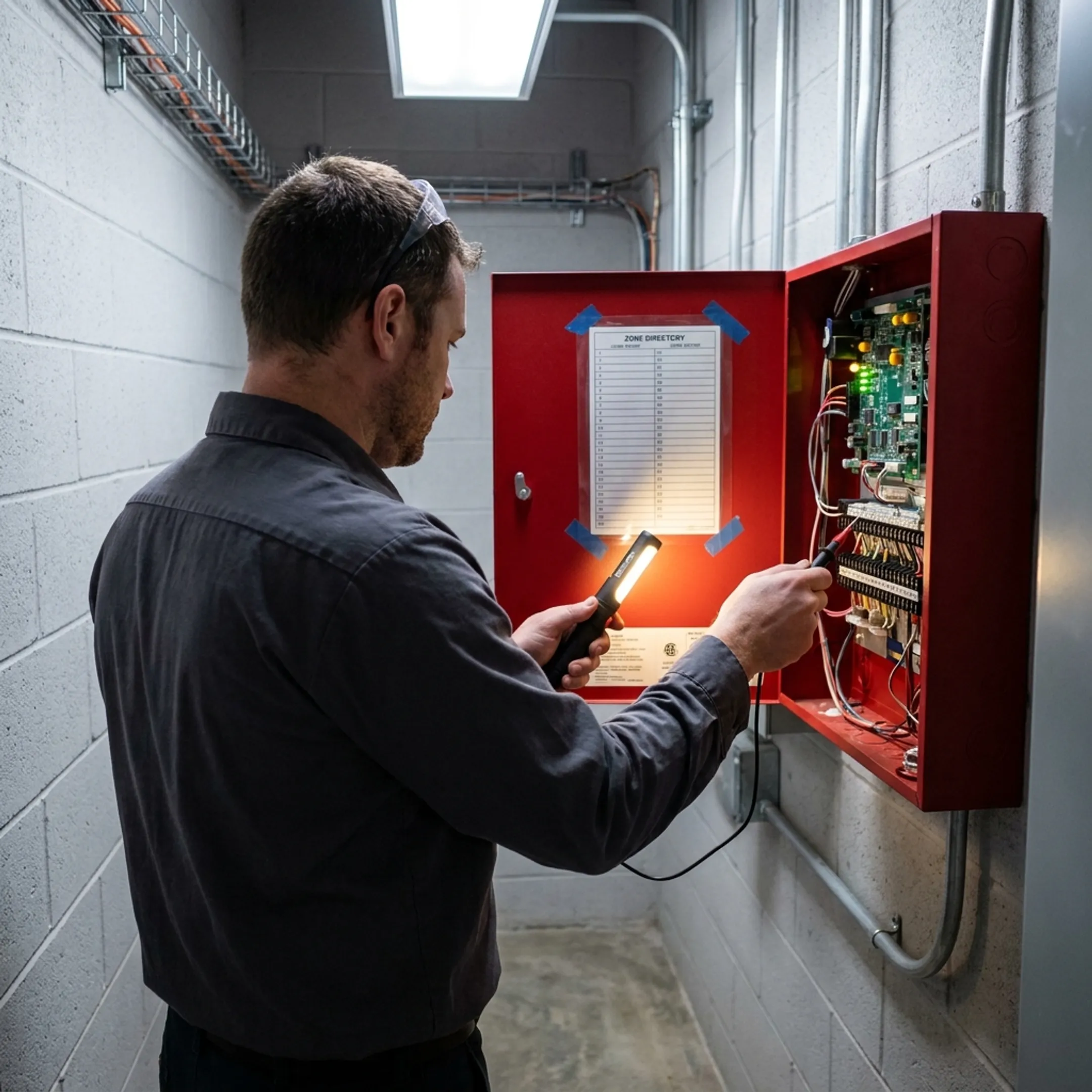 Integrated fire alarm control panel monitored by a security technician