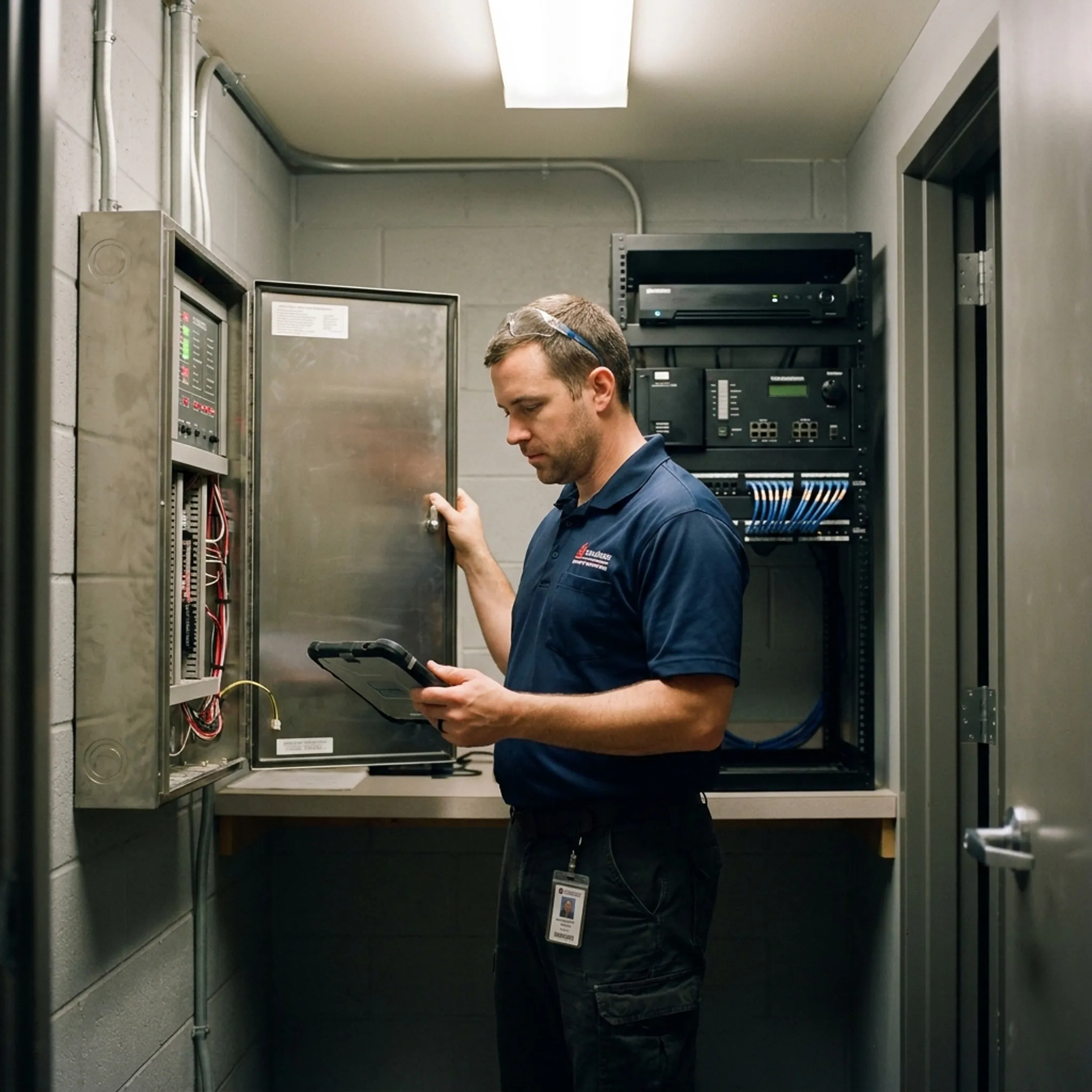 Technician configuring a commercial fire alarm control panel