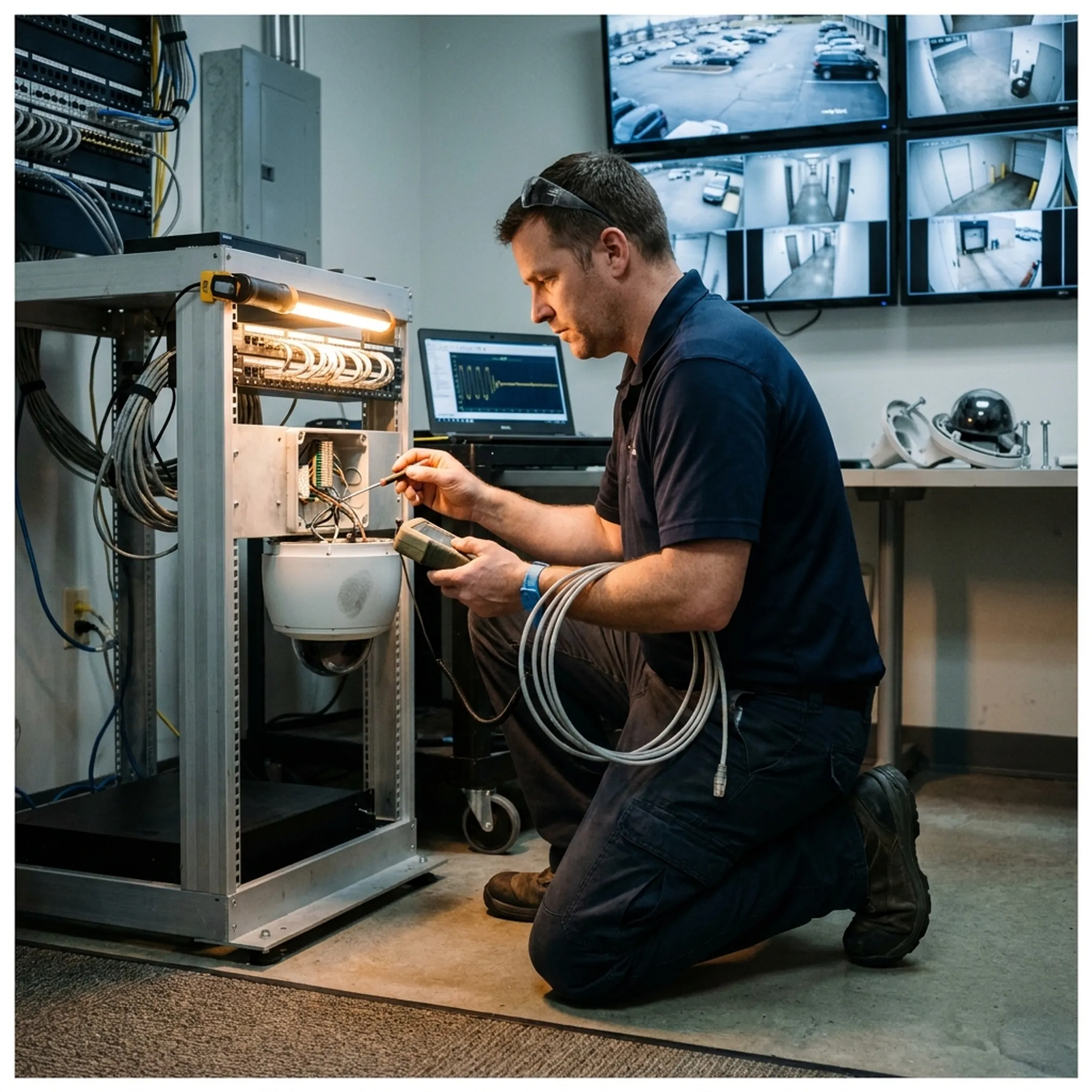 Technician repairing a commercial surveillance camera system