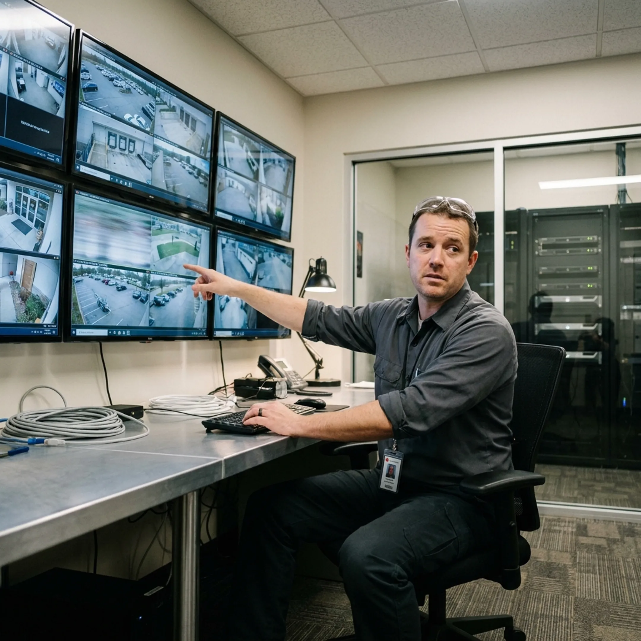 Security professional reviewing surveillance camera footage during repair