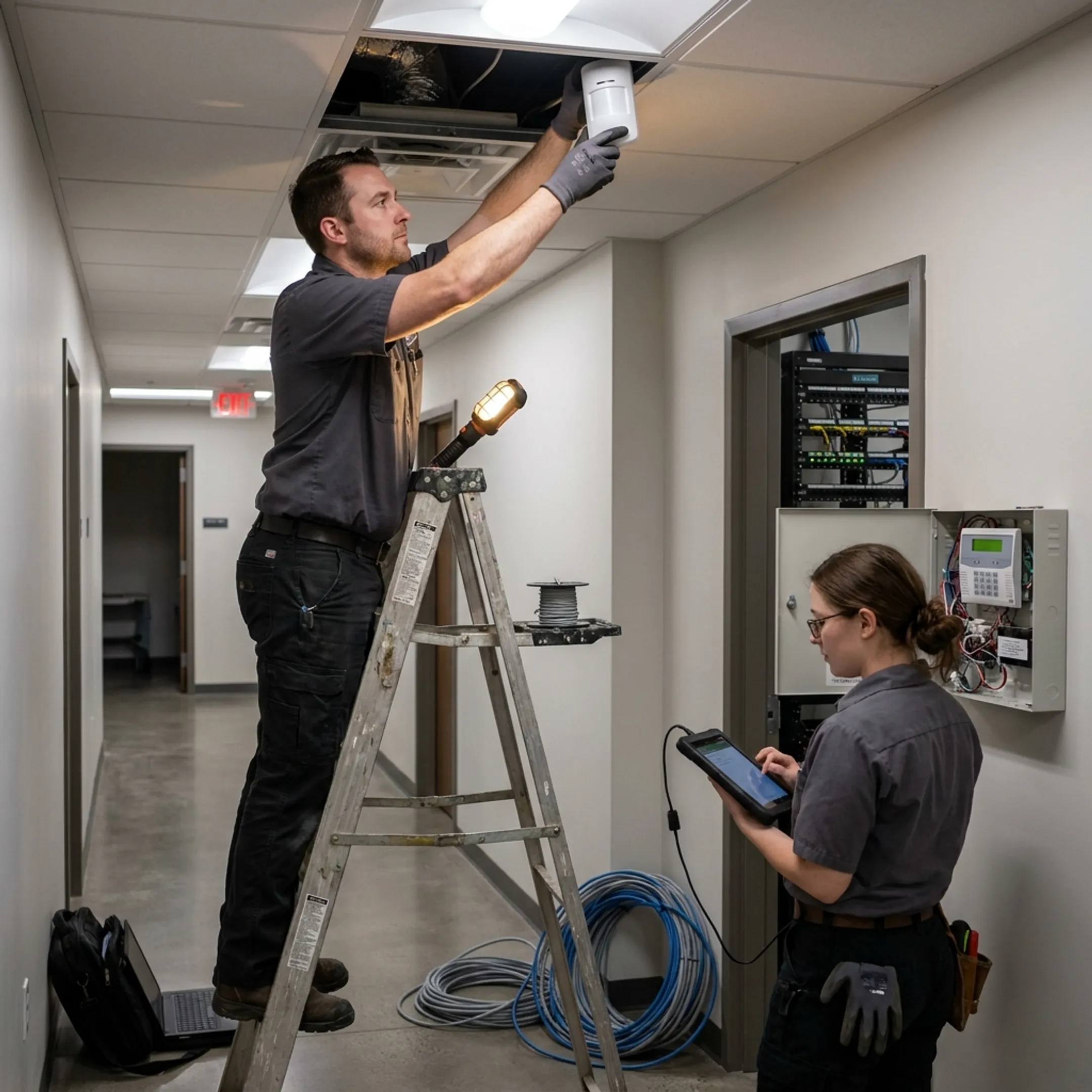 Security technicians installing an intrusion alarm system in a commercial facility
