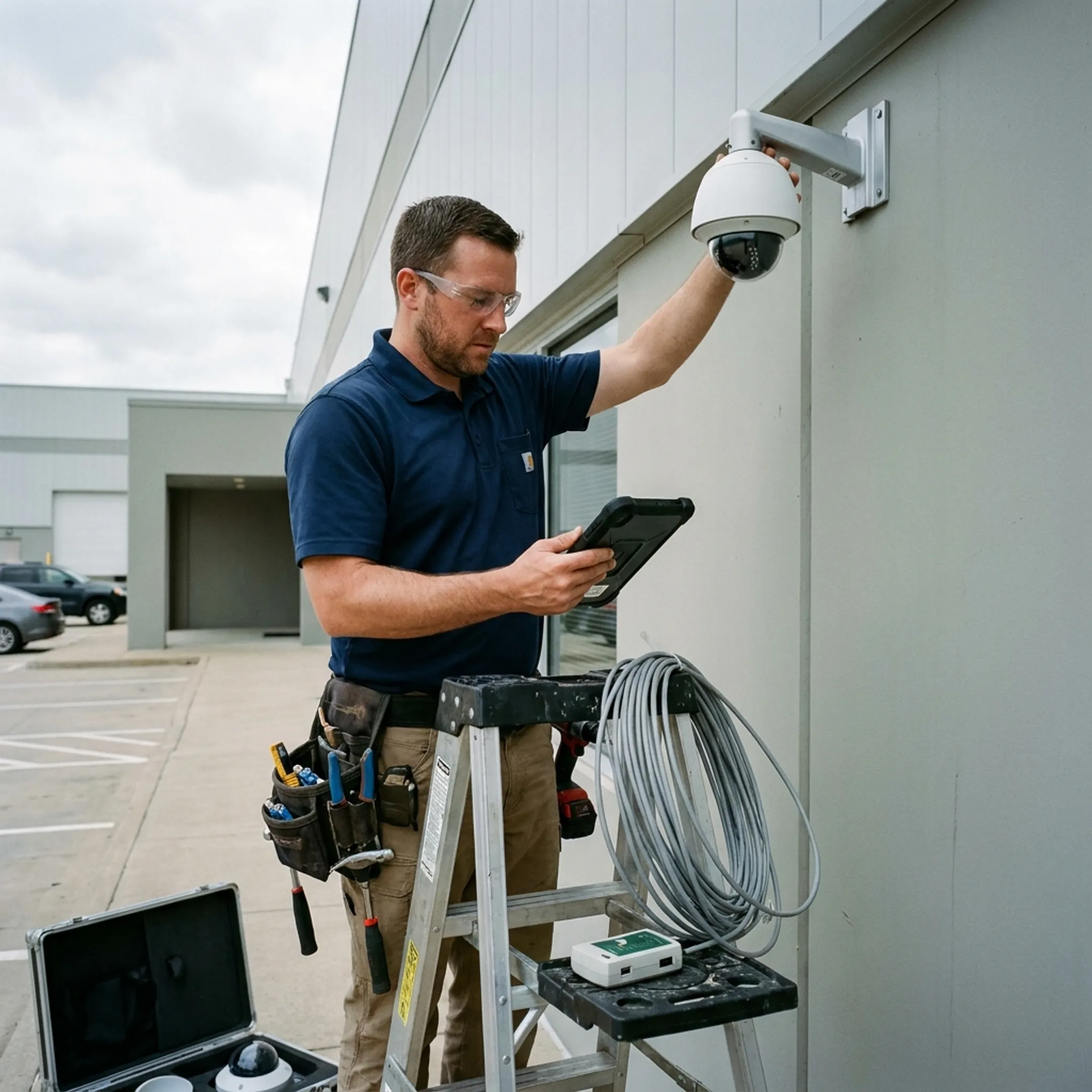 Technician installing commercial security cameras at a facility