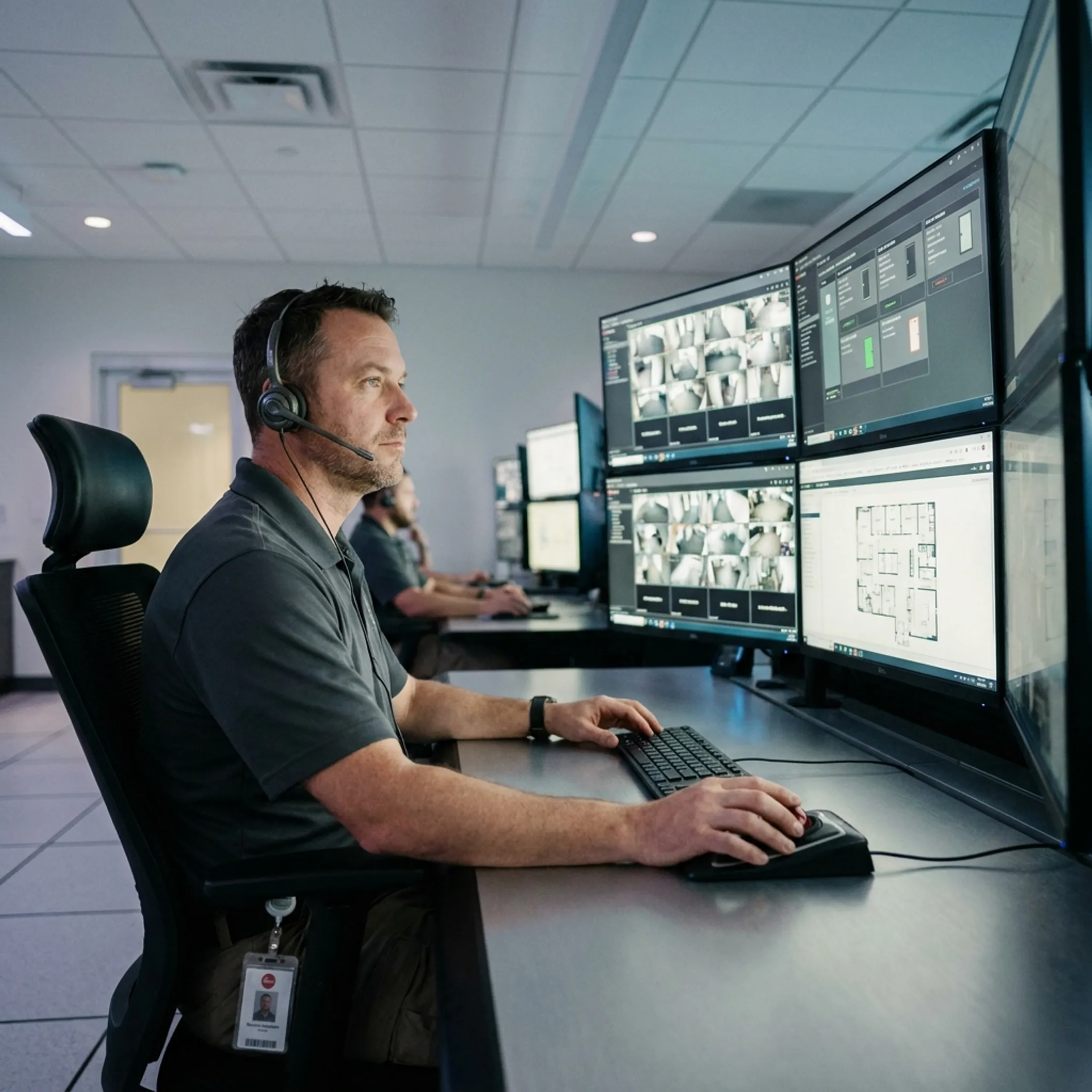 Security professional reviewing hospital surveillance and access control systems