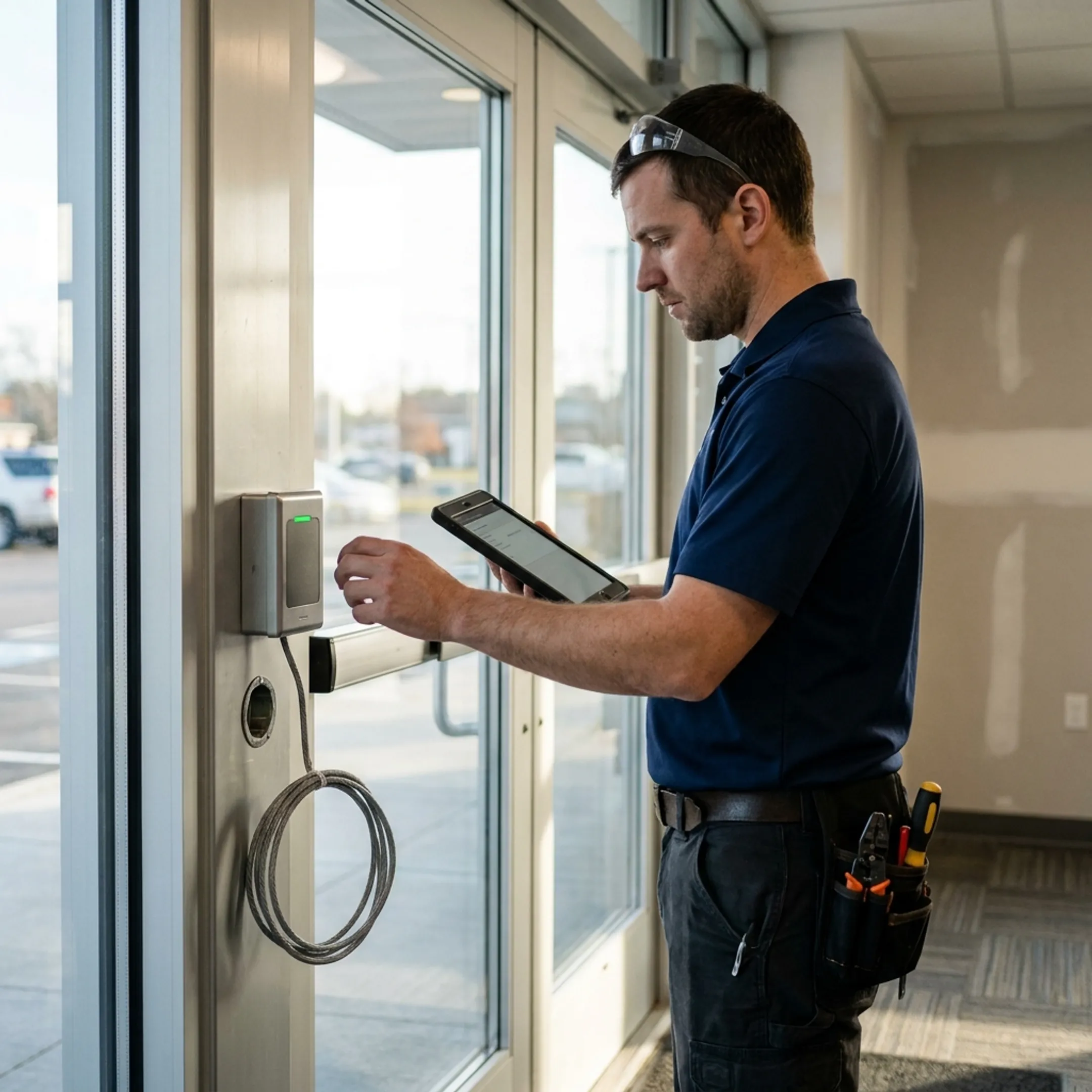 Access control reader and automatic door at a commercial facility entrance