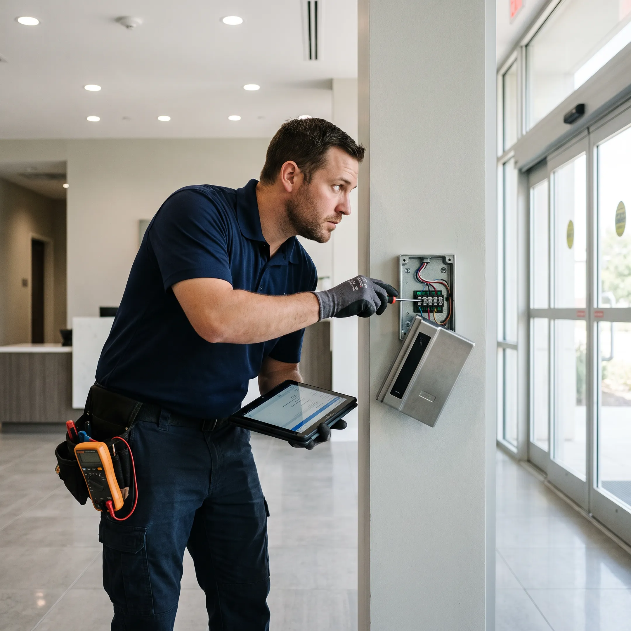 Technician installing access control equipment beside an automatic commercial door