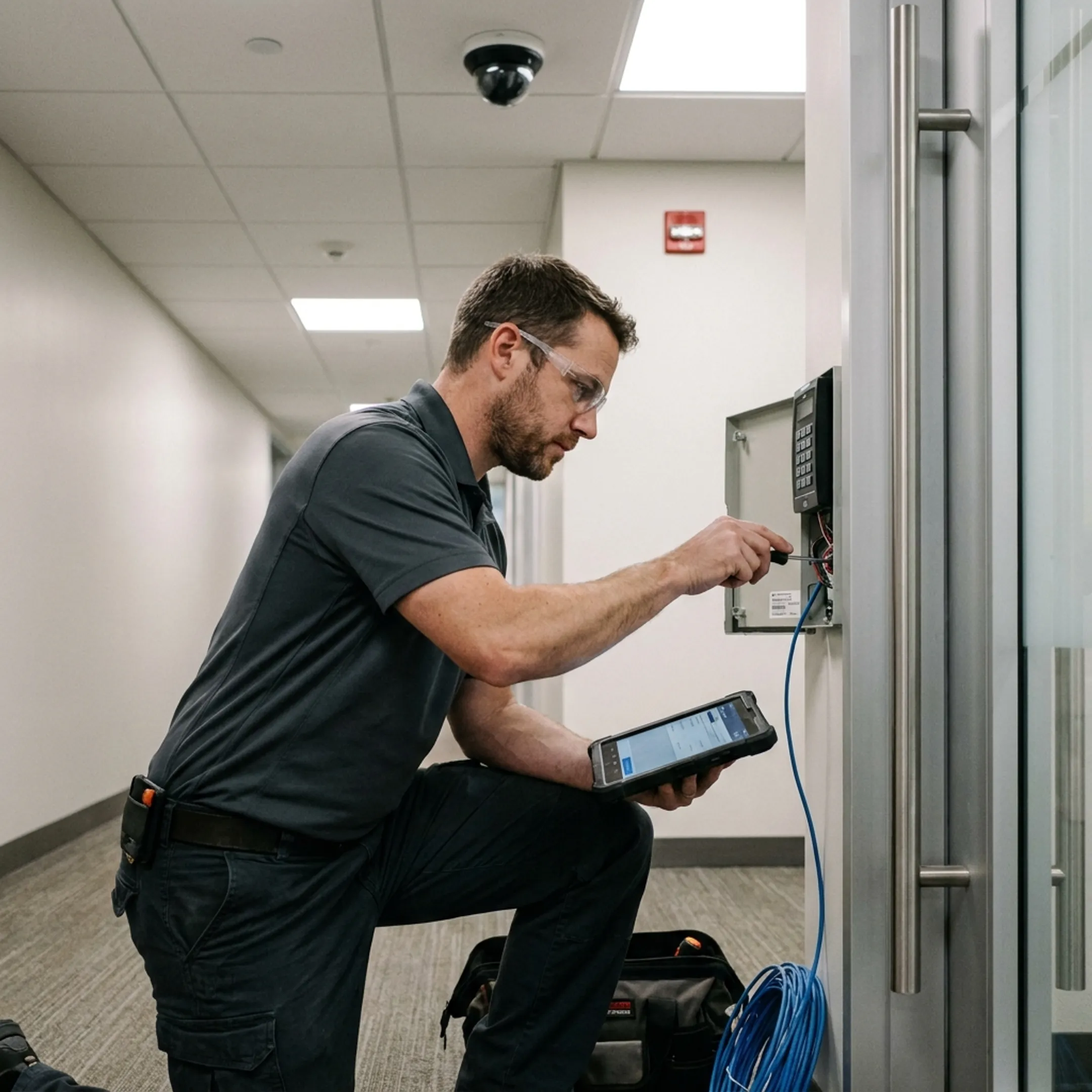 Technician configuring integrated commercial security systems