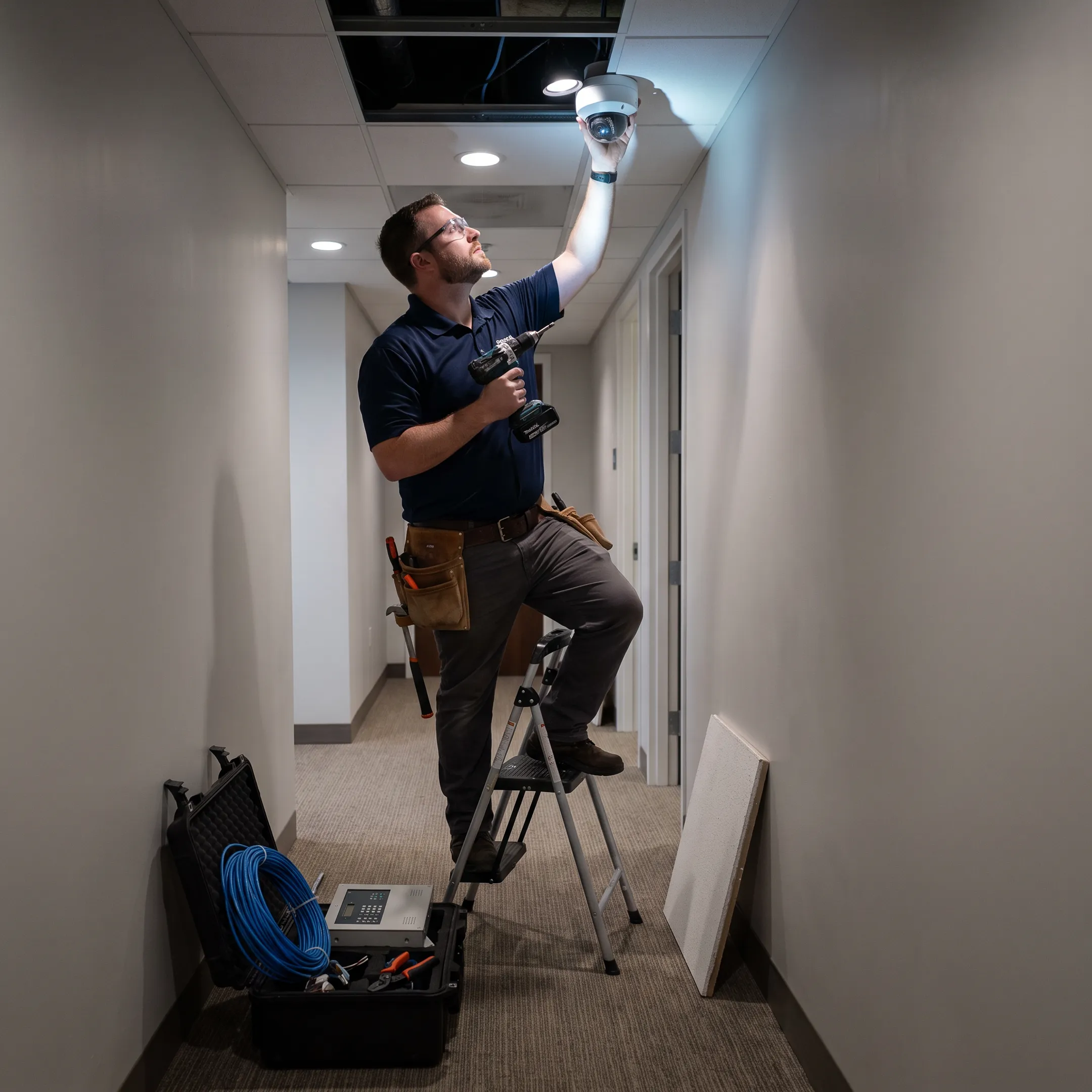 Technician installing integrated commercial security system equipment