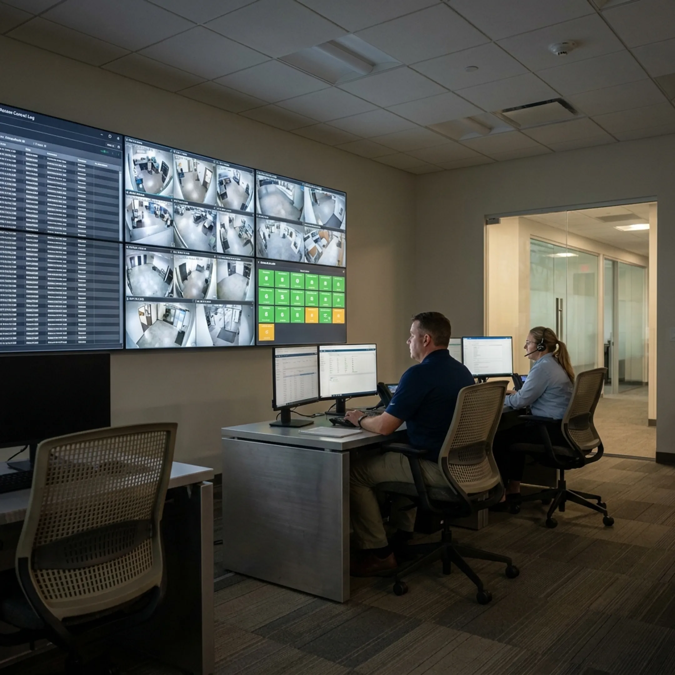 Integrated security monitoring display showing access control and surveillance systems