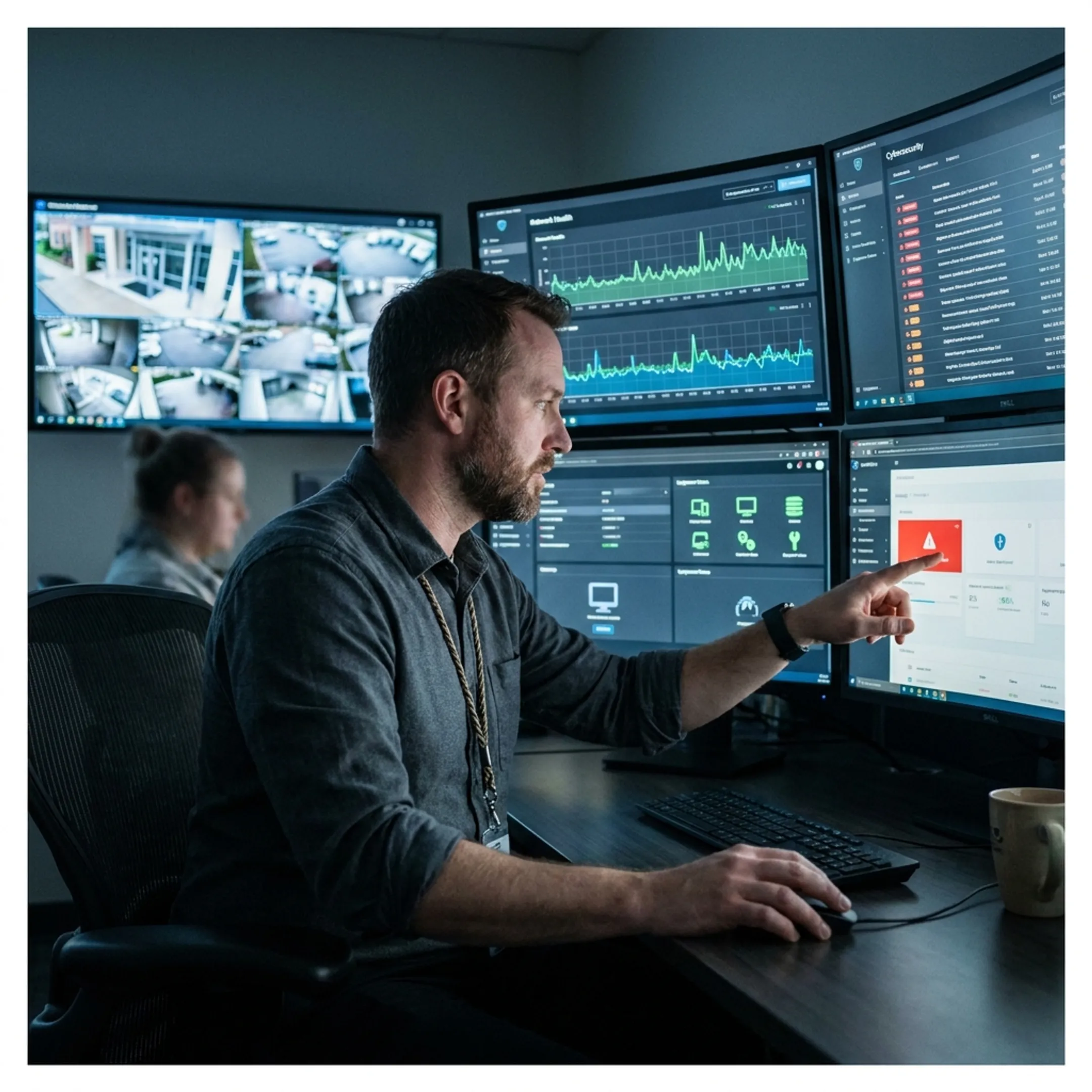 Remote monitoring operator reviewing CCTV system health and security alerts