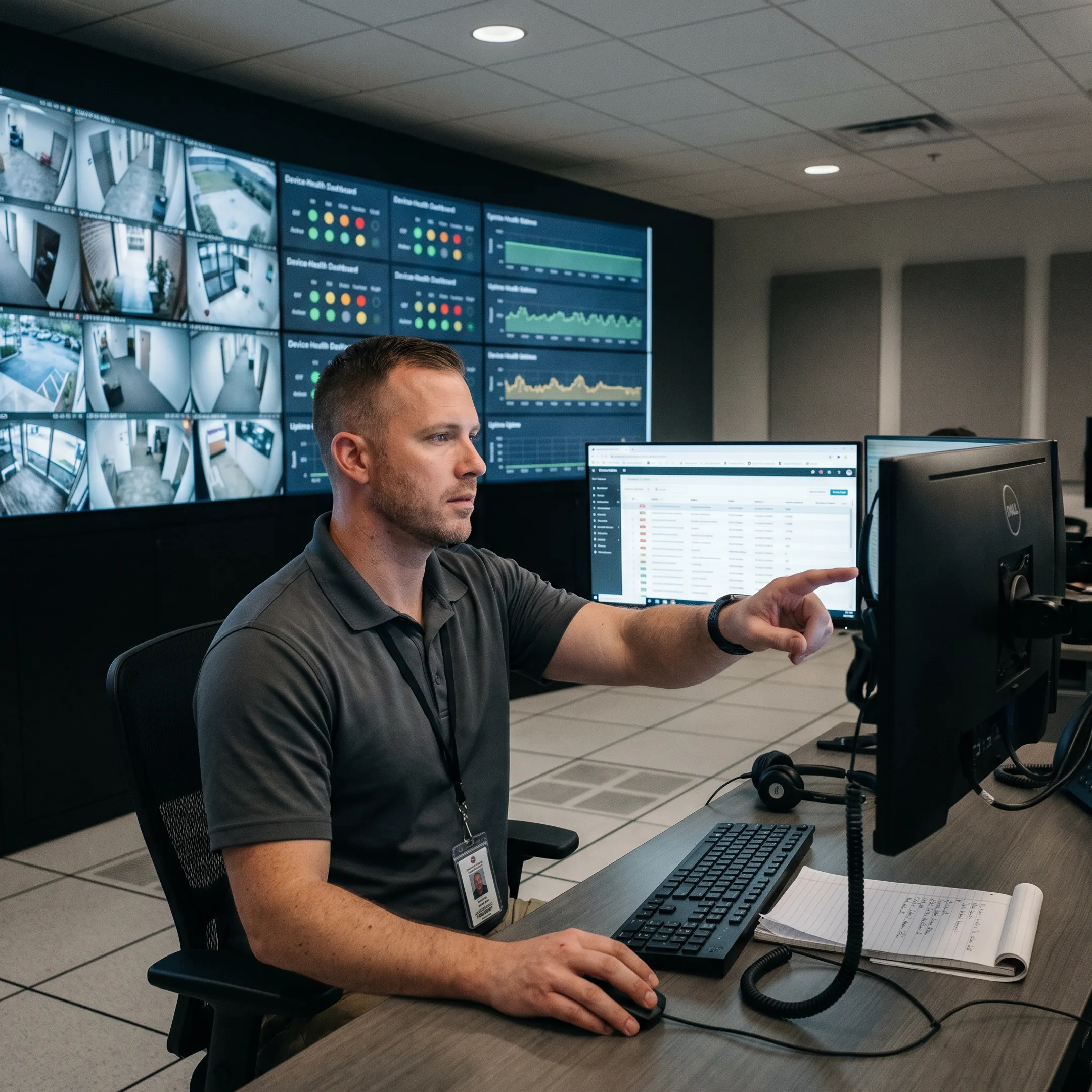 Security professional monitoring multiple CCTV camera feeds on centralized dashboards