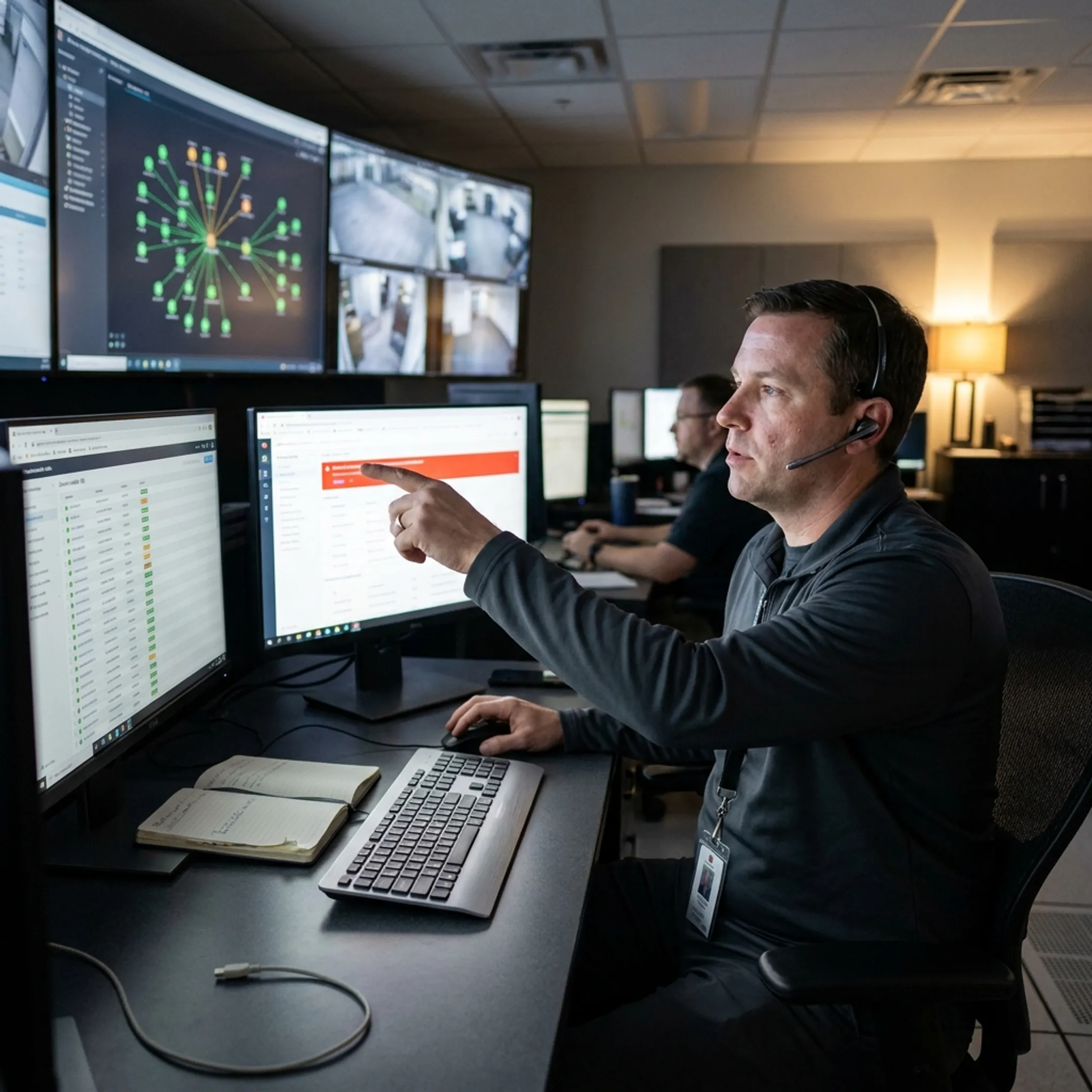 Analyst reviewing centralized security monitoring dashboards