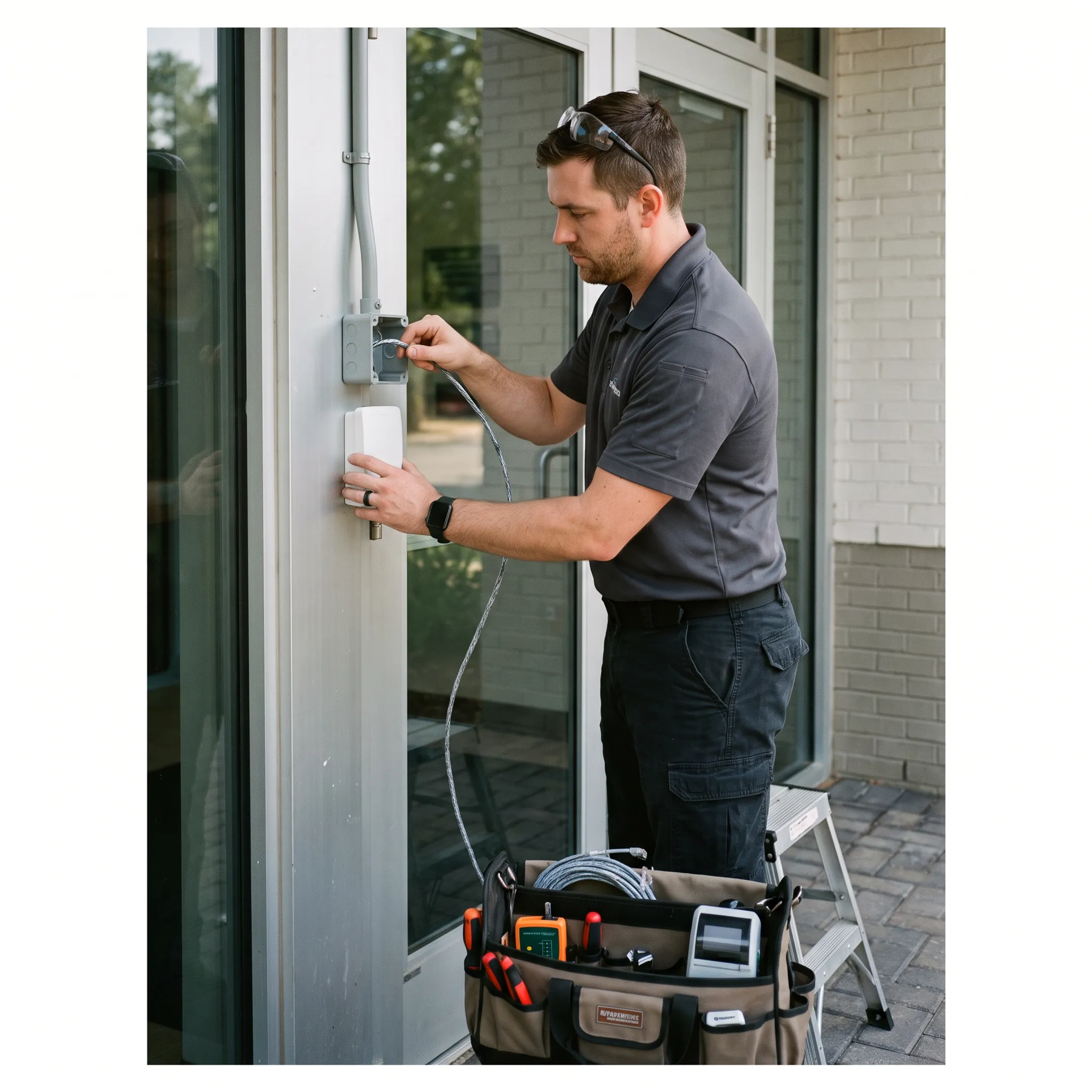 Technician installing an access control reader at a commercial facility entrance