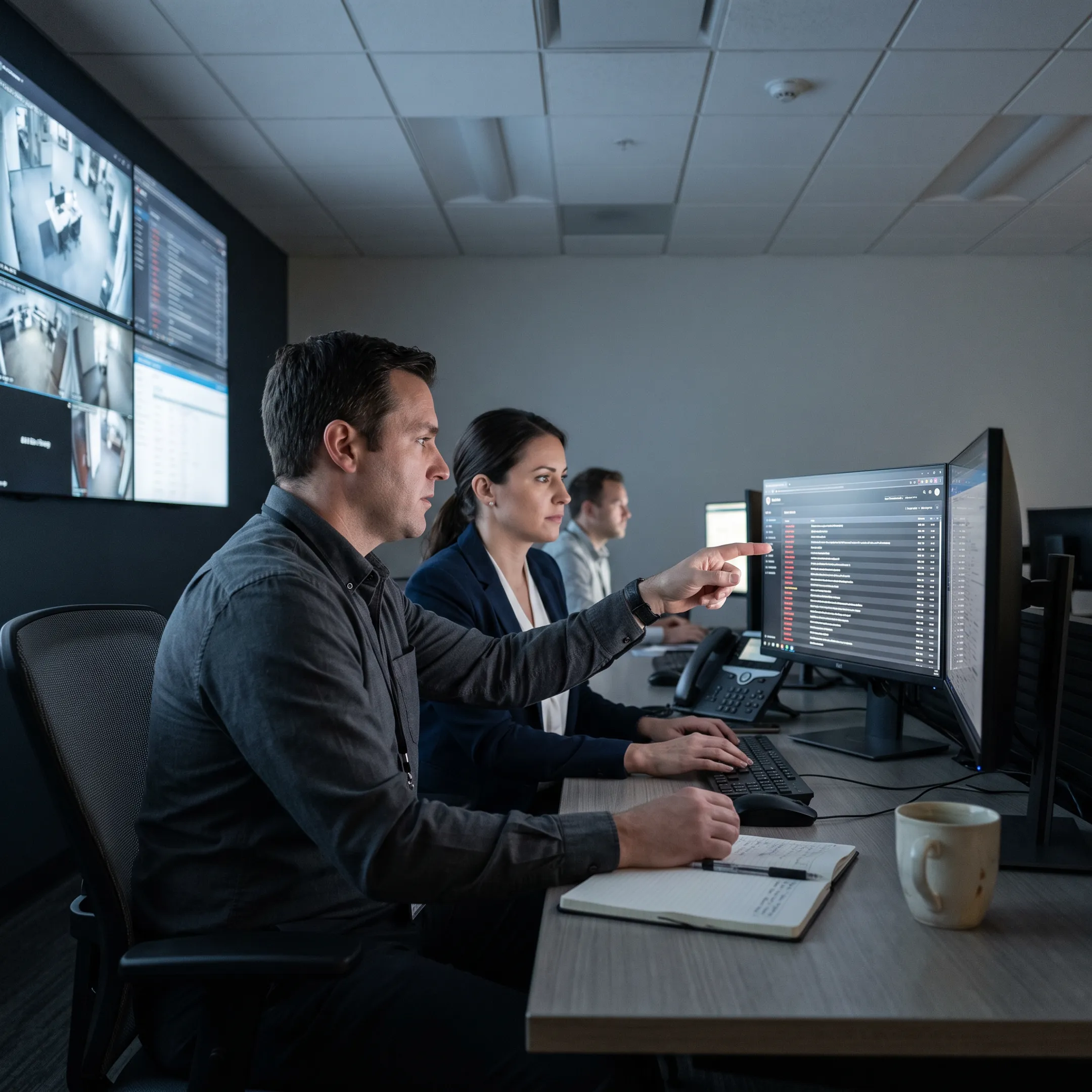 Network operations team monitoring security systems on multiple screens