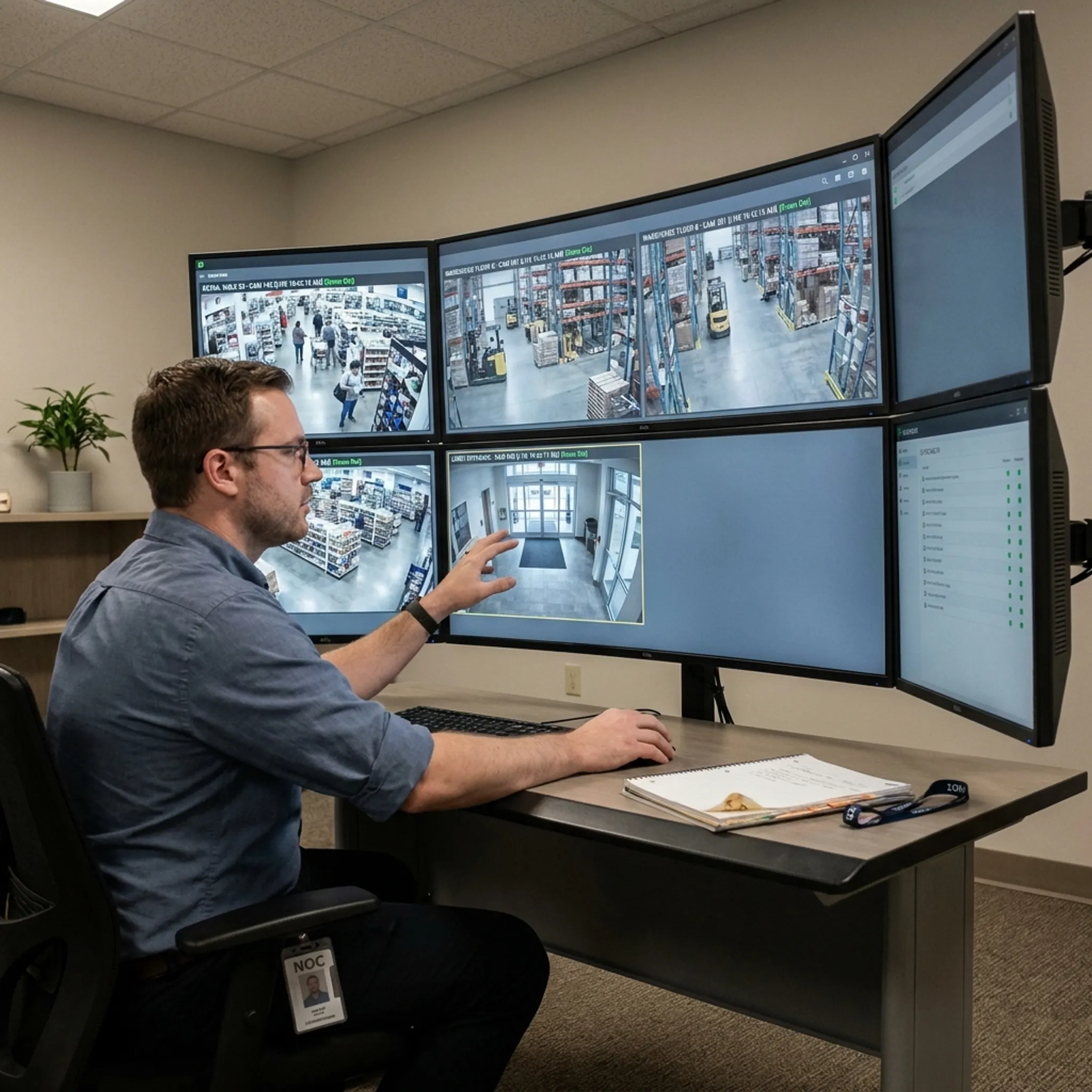 Commercial CCTV monitoring system displaying multiple facility camera feeds