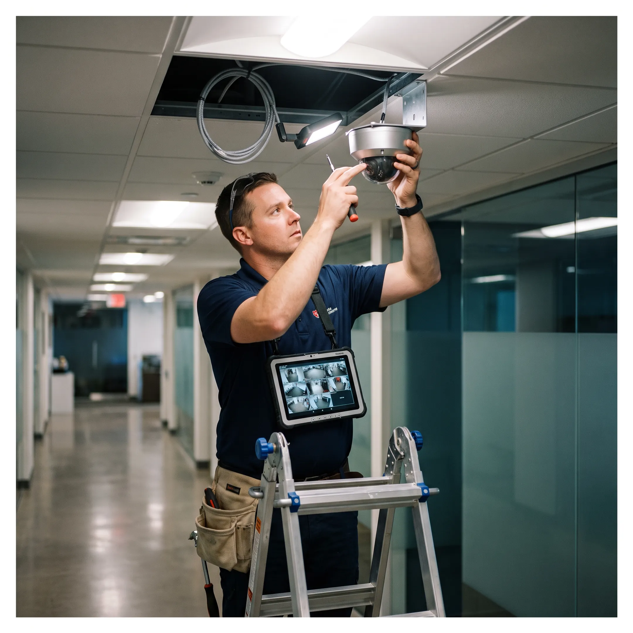 Technician installing commercial security cameras in a business facility