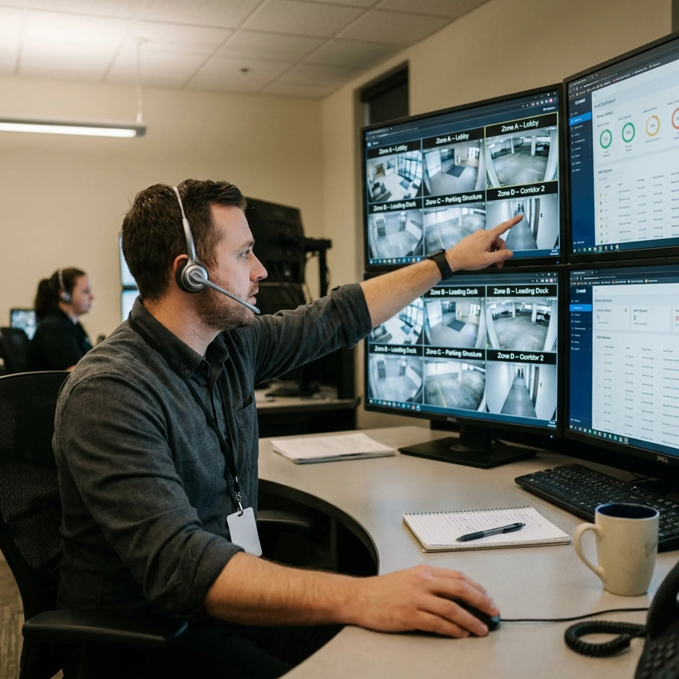 Operator reviewing live security camera feeds and system health alerts