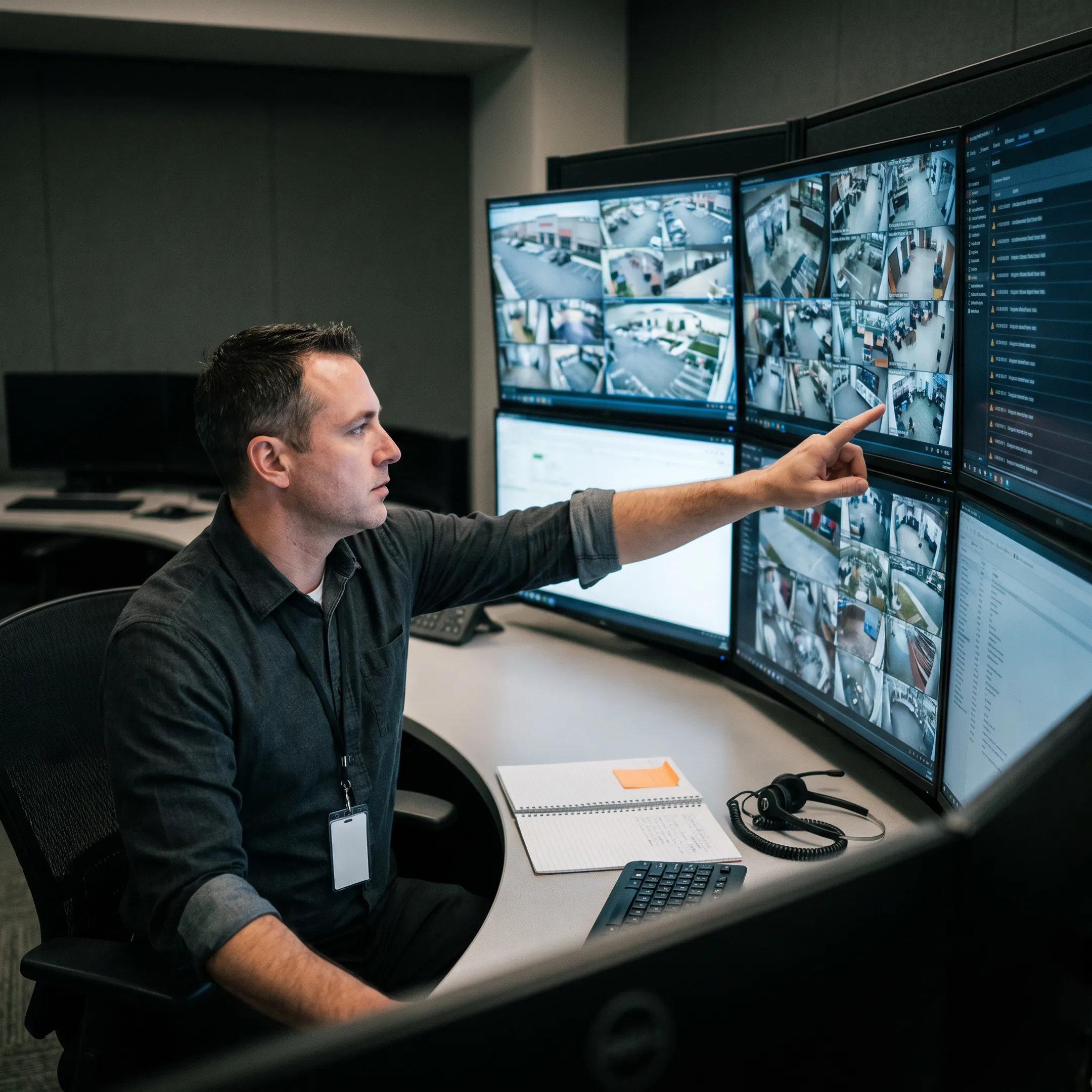 Security professional monitoring live surveillance video feeds on multiple screens