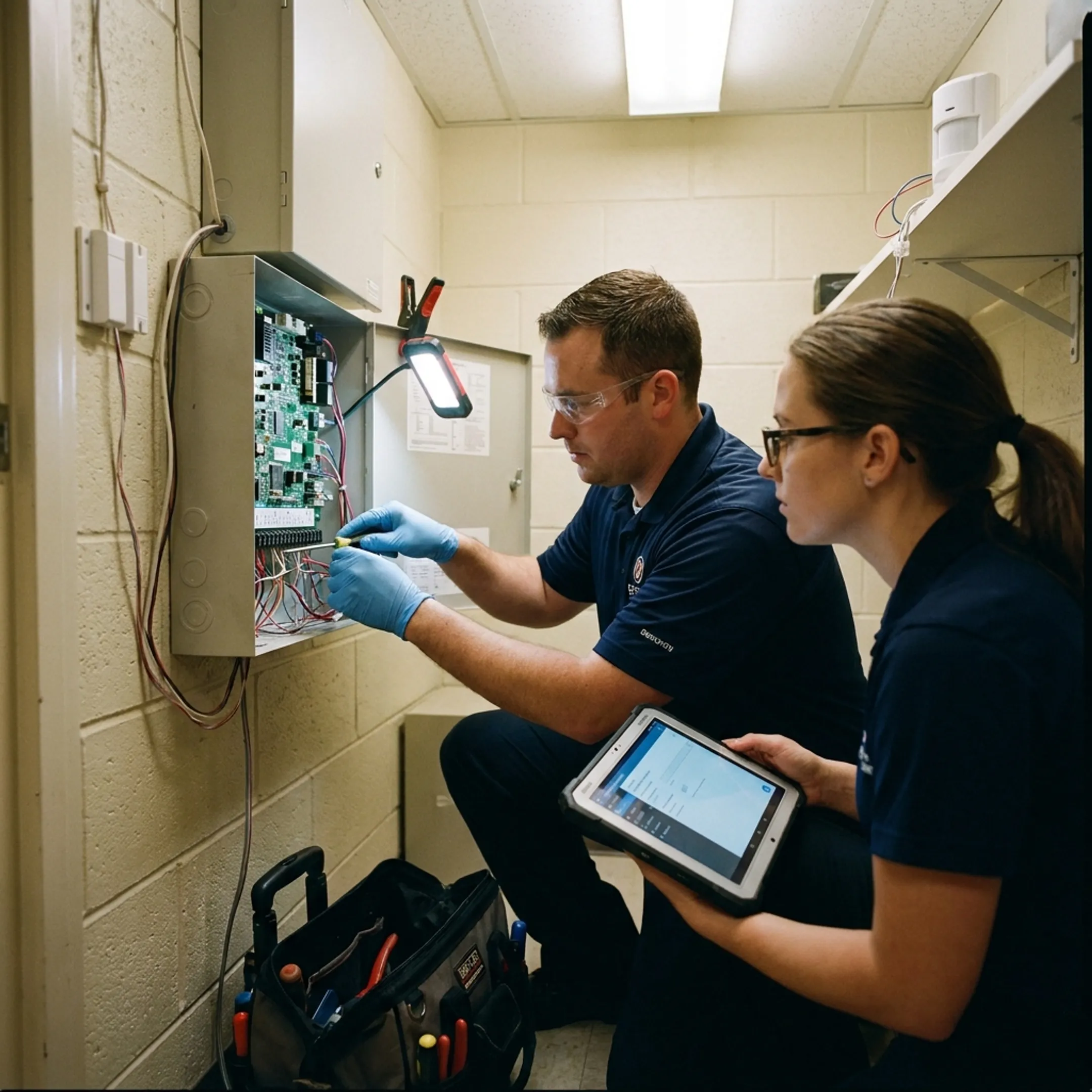Commercial intrusion alarm control panel and security sensors
