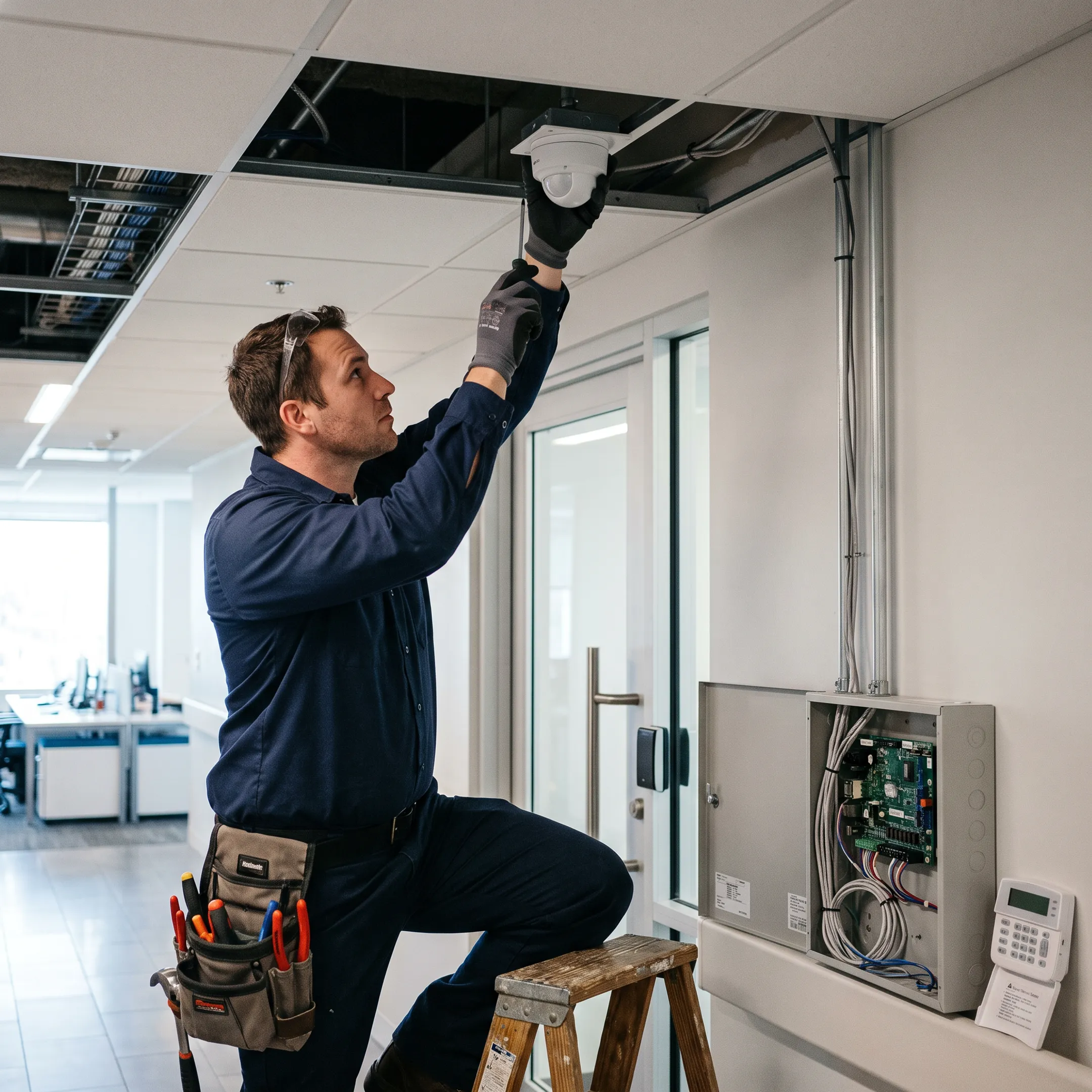 Technician installing commercial security alarm equipment