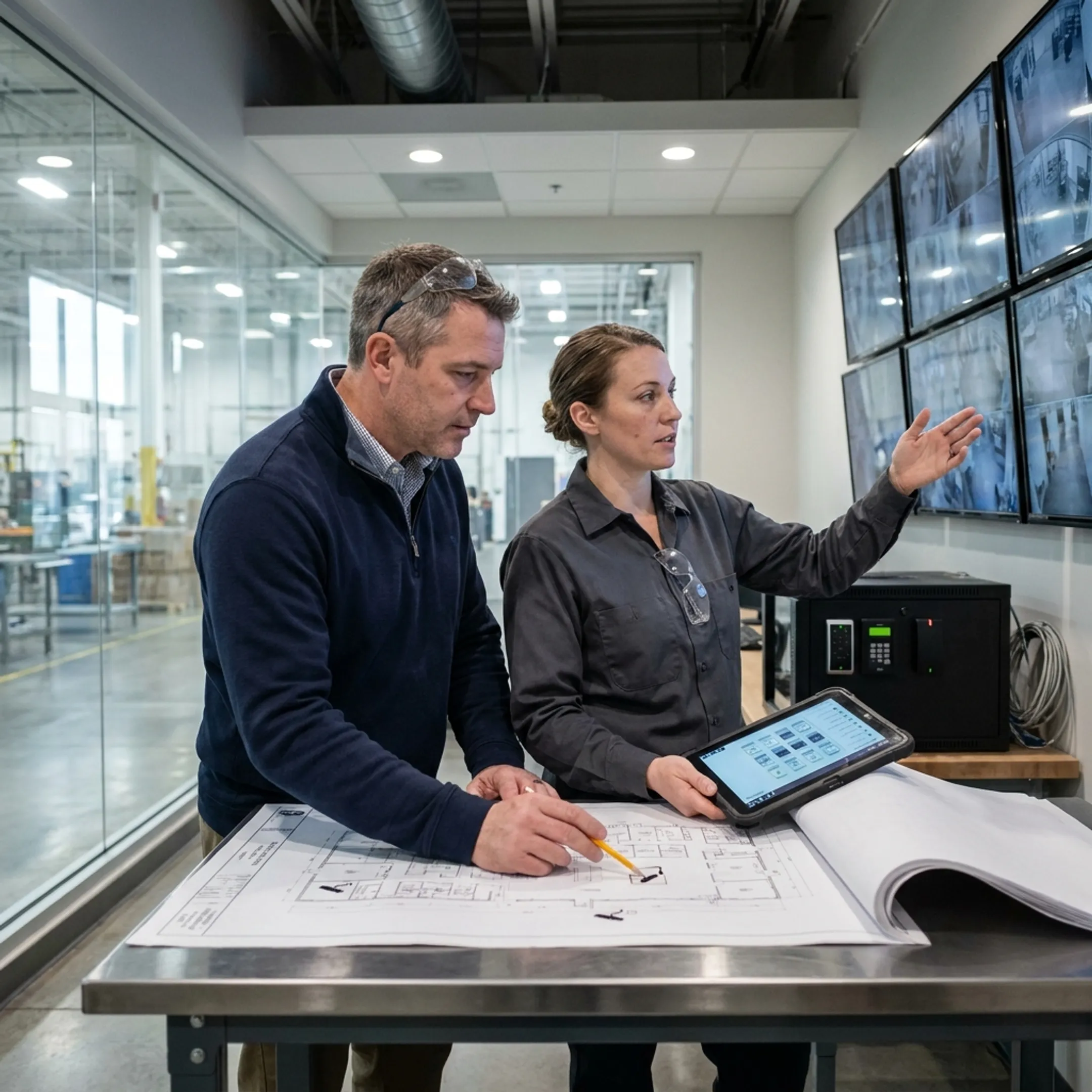 Security professionals reviewing industrial surveillance and access control systems