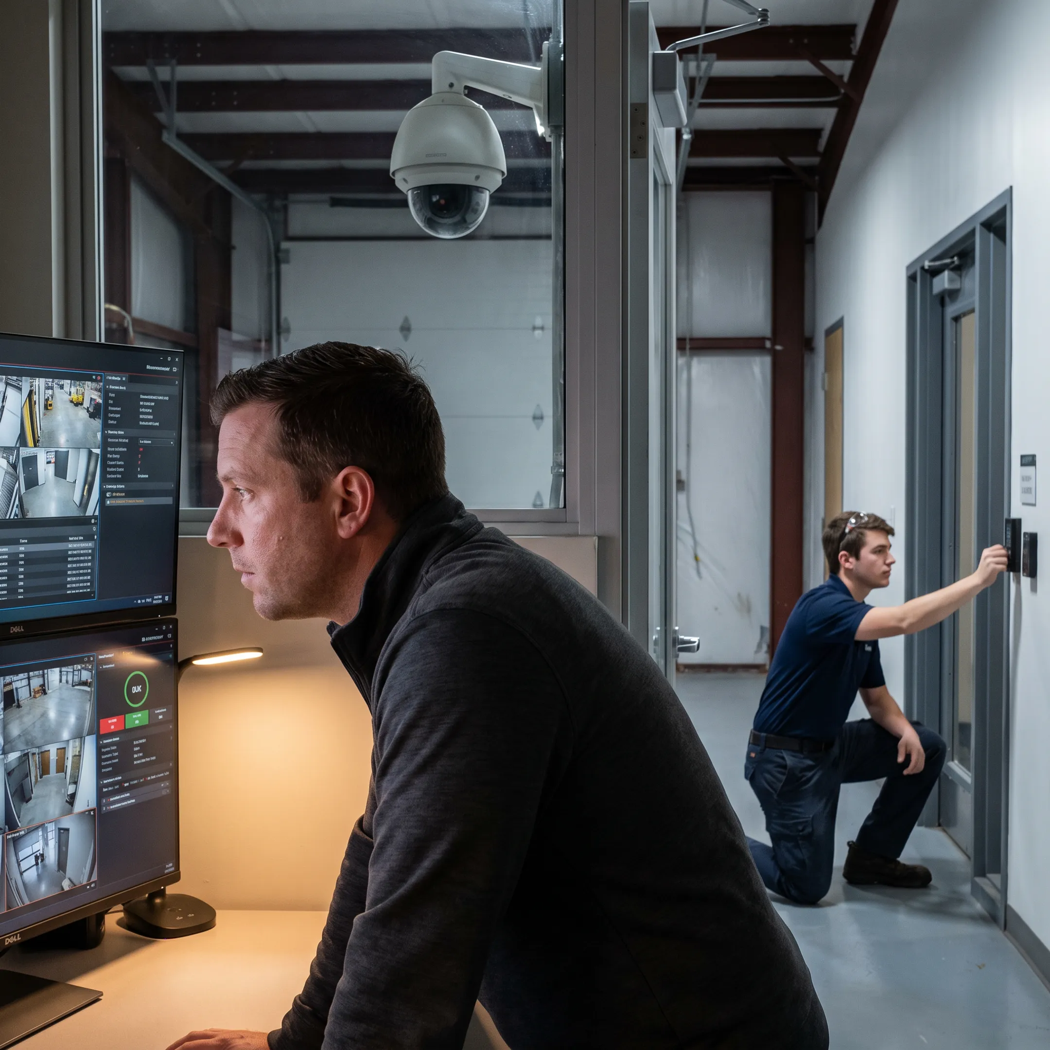 Industrial facility with integrated cameras, access control, and security monitoring technology