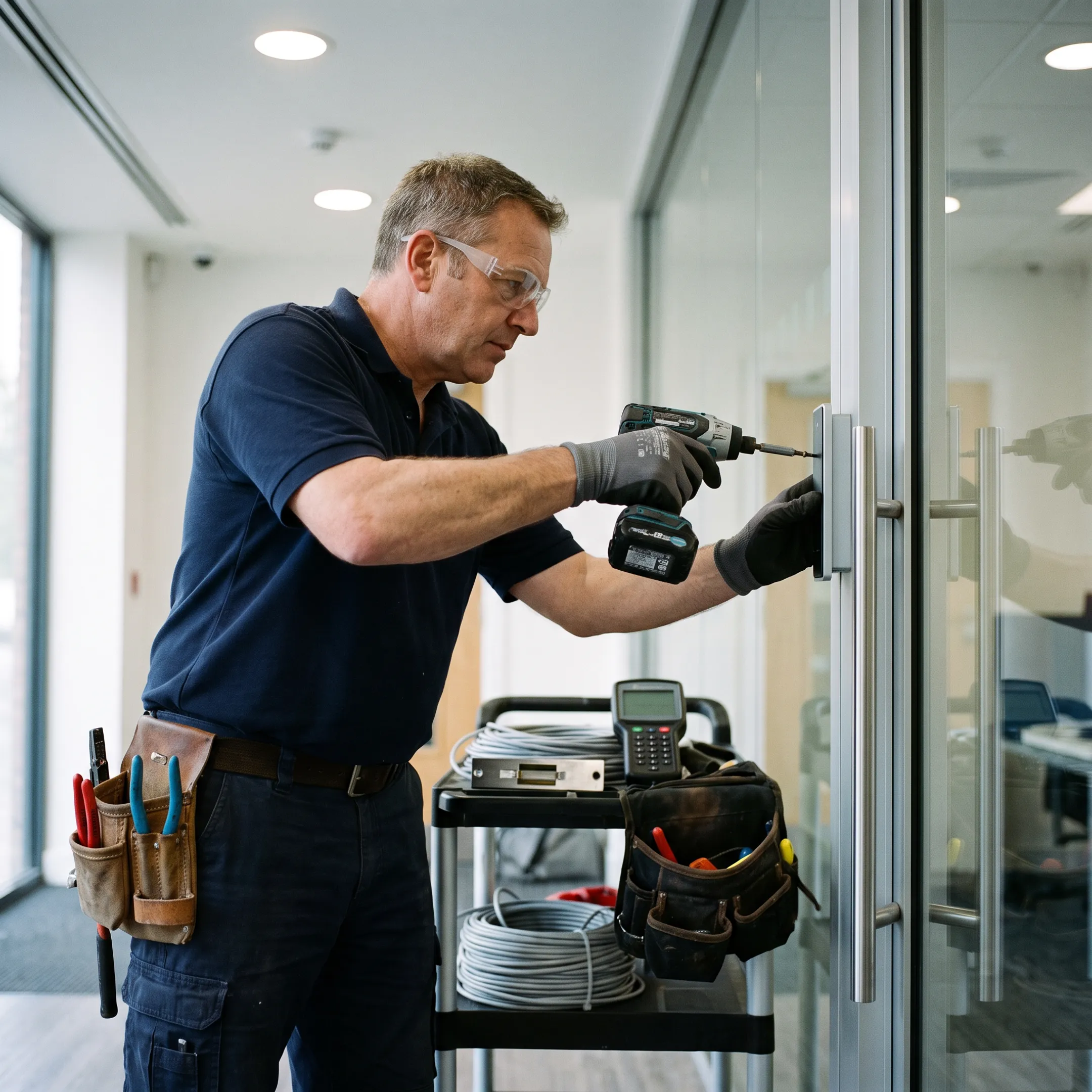Technician installing an electronic access control reader at a commercial facility