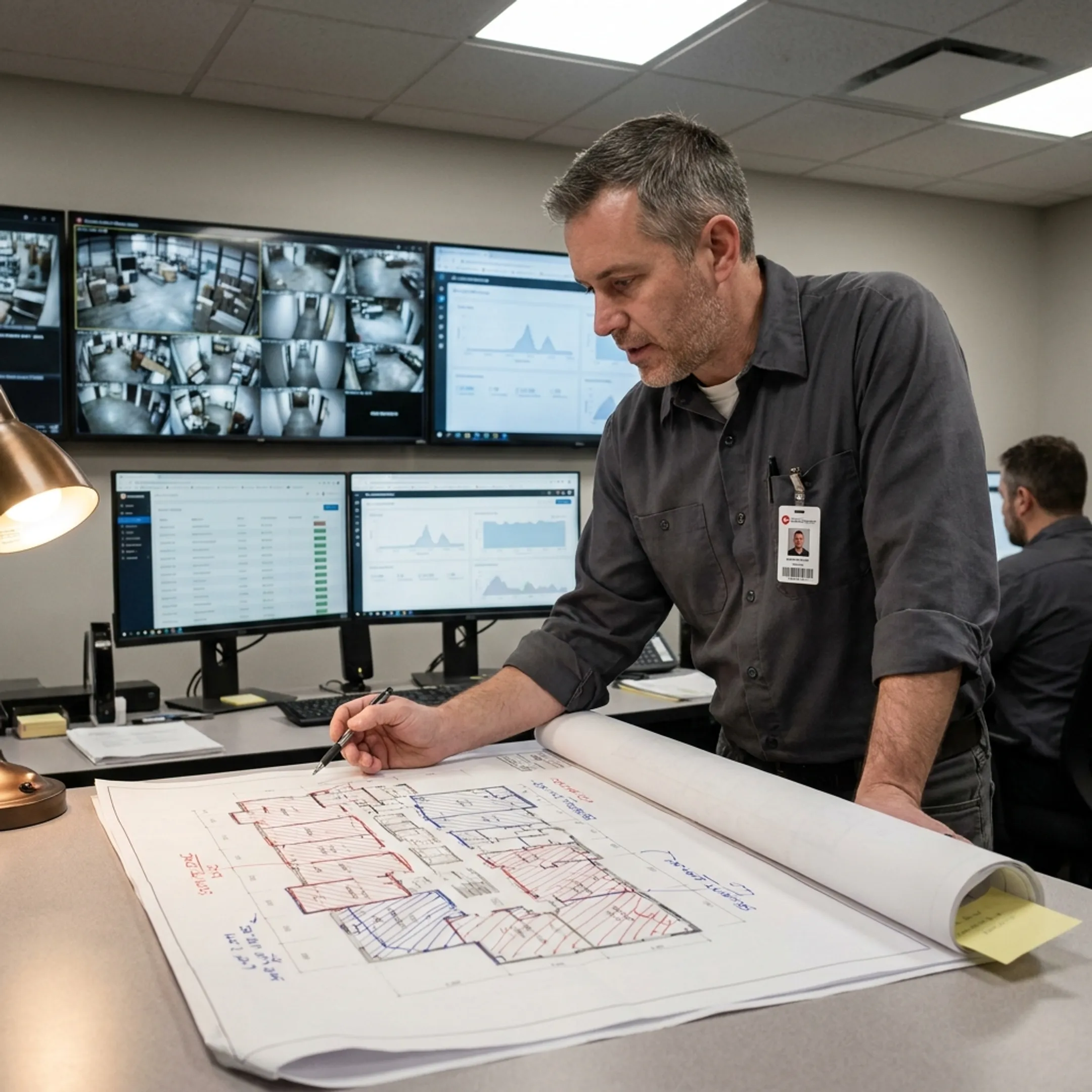 Security specialist reviewing government facility security technology