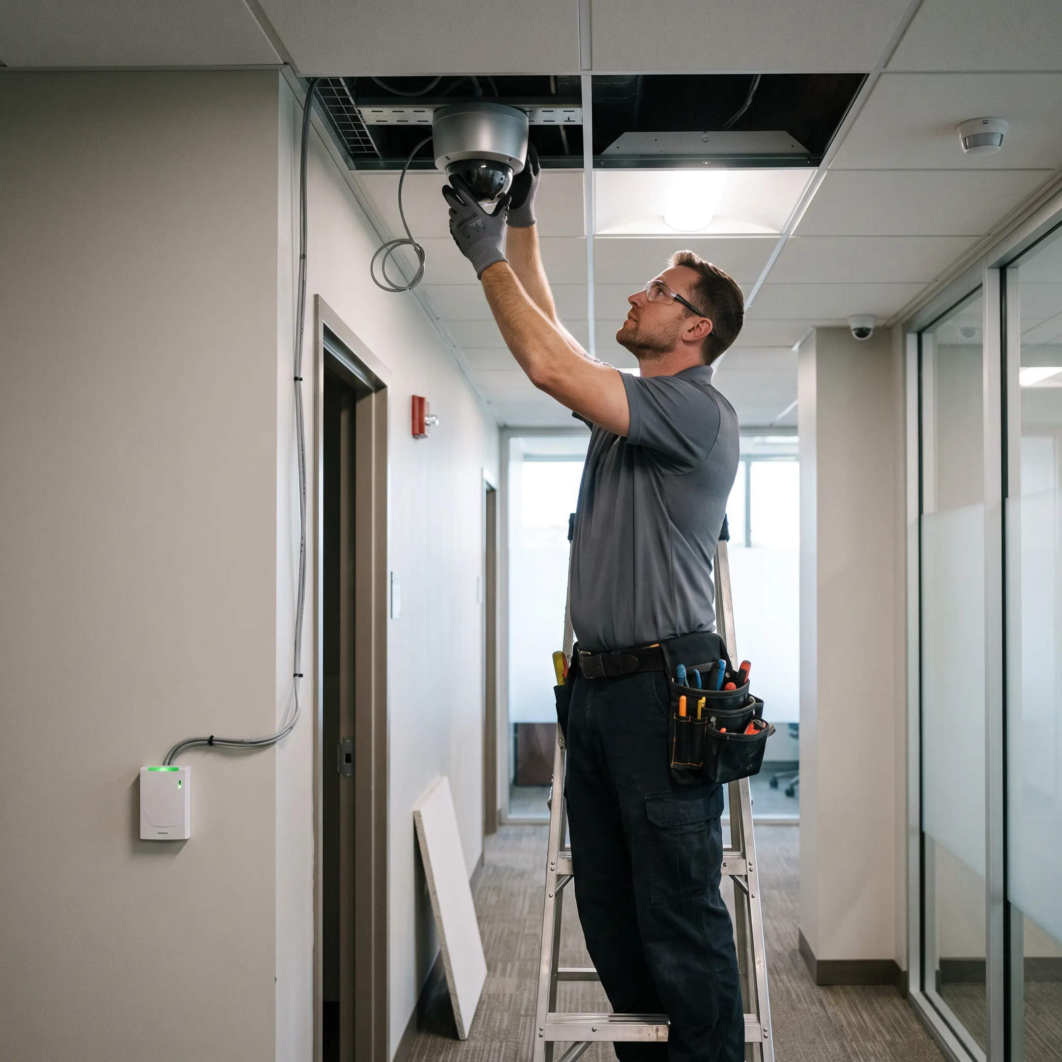 Technician installing commercial fire and security alarm equipment